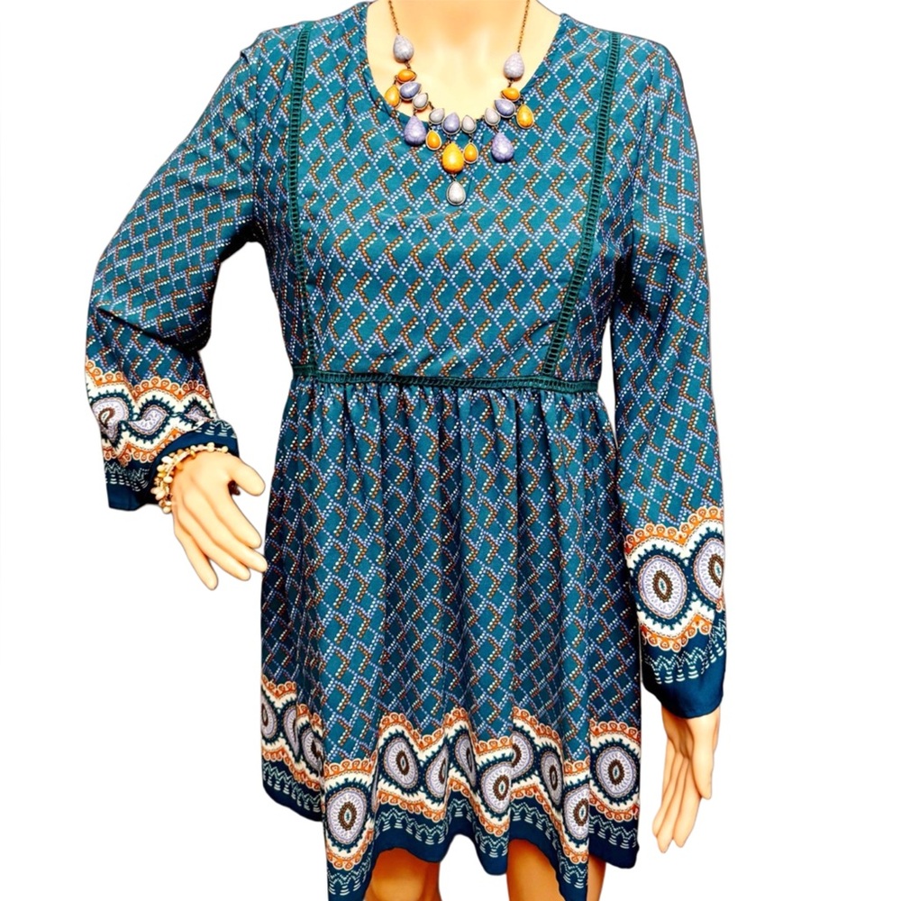 Alya Teal Green Bohemian High Waist Long Bell Sleeve Short Baby Doll Dress Sz Sm